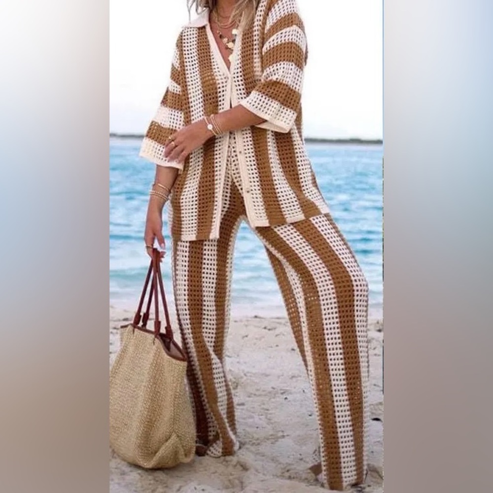 Solitaire Women’s Resort Crochet Wide Leg Pant Set in Cream/Brown Size Medium